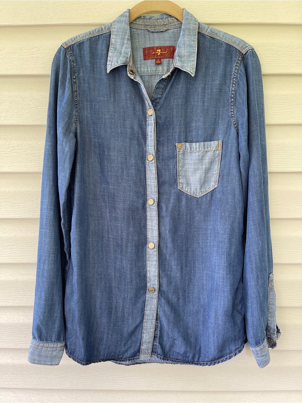 7 For All Mankind Women's Lyocell  Color Block Blue Shirt Size Small